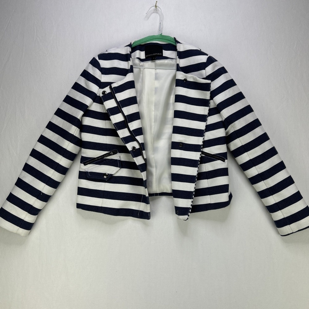Banana Republic Stripe Jacket Womens Size 2 Navy / White Zip Up Crop Canvas